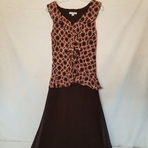Los Angeles Gal LA Dress Size 8 Midi V Neck Ruffle Lining Sleeveless Brown Pink